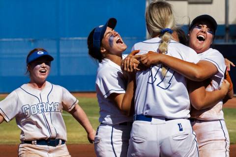 Bishop Gorman’s Olivia Bailey, left, Lauren Sciotto, Rylie Pindel and Jordyn Fray celebr ...