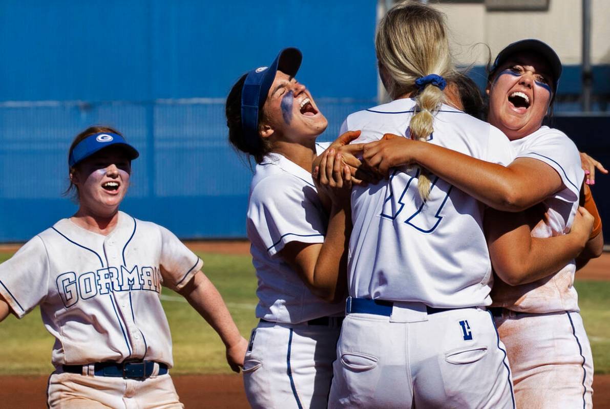 Bishop Gorman’s Olivia Bailey, left, Lauren Sciotto, Rylie Pindel and Jordyn Fray celebr ...