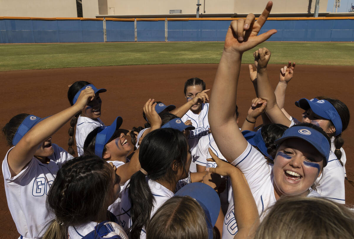 Bishop Gorman players celebrate after beating Silverado to win the Class 4A state softball cham ...
