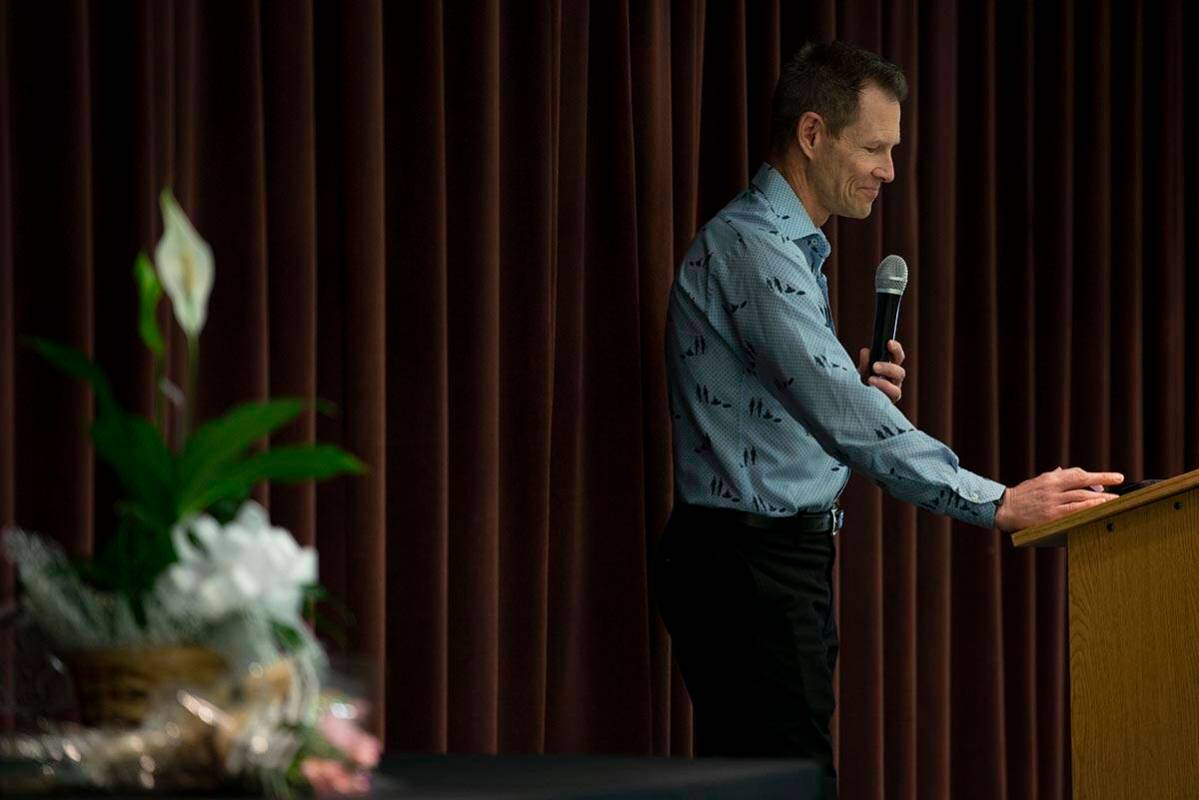 Matt Rytting, son of the late Reynaldo Martinez, speaks at a tribute to his father at Reynaldo ...