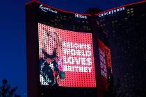 Britney Spears' image and welcome is projected Saturday night, May 21, 2022, on the side of the ...