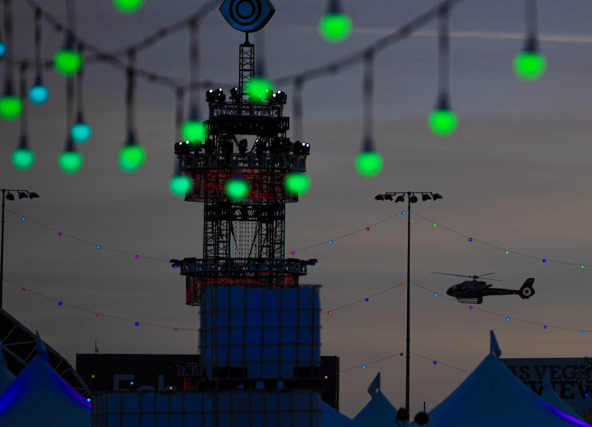 A helicopter prepares to land at Las Vegas Motor Speedway during day three of Electric Daisy Ca ...