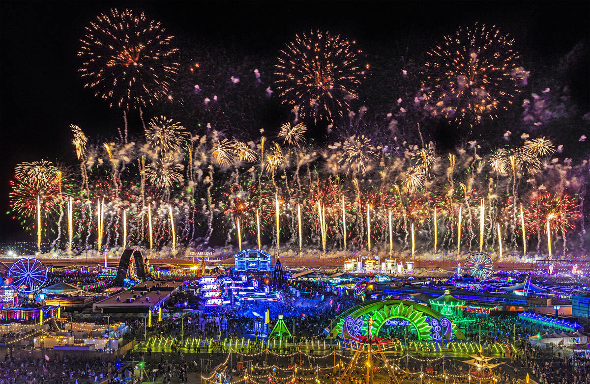 Fireworks light up the night sky above Electric Daisy Carnival on Monday, May 23, 2022, at Las ...