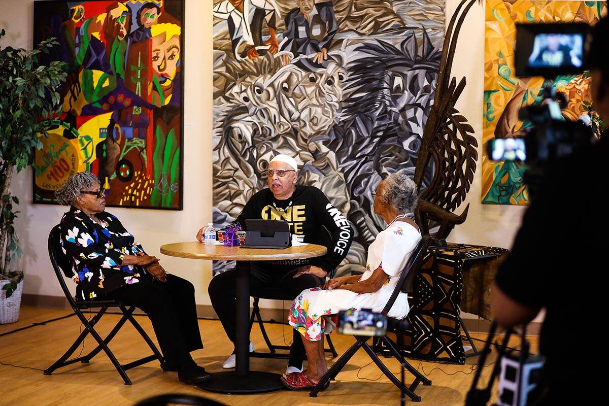Ramon Savoy leads a conversation with Opal Lee, left, and Helen Anderson Toland, right, for th ...