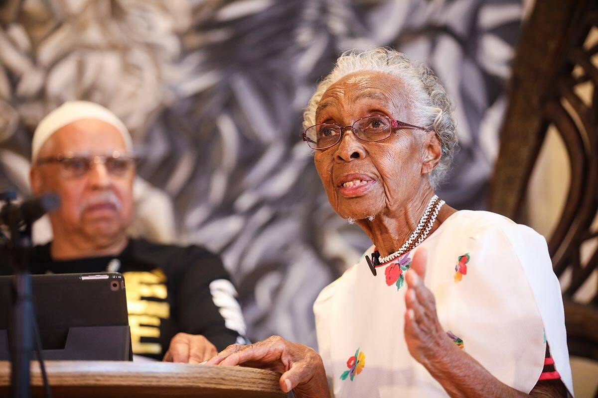 Helen Anderson Toland speaks for the All Thing Juneteenth reception at the West Las Vegas Arts ...