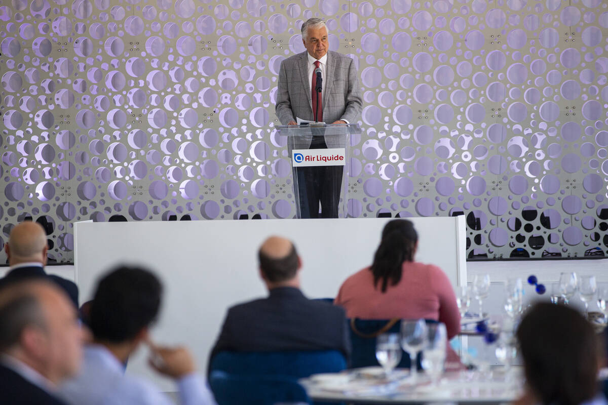 Gov. Steve Sisolak speaks during the opening ceremony of the Air Liquide liquid hydrogen facili ...