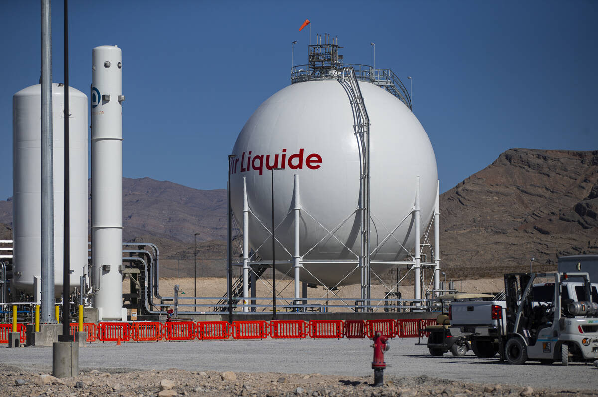 during a tour of the Air Liquide liquid hydrogen facility on Tuesday, May 24, 2022, in North La ...
