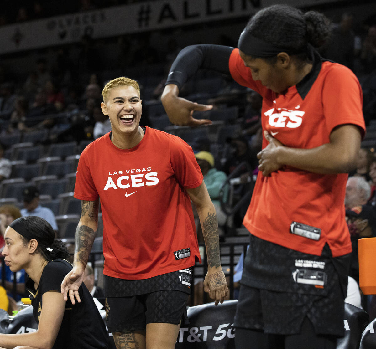 Aces guard Kierstan Bell (1) celebrates a big offensive play in the first half during a WNBA ba ...