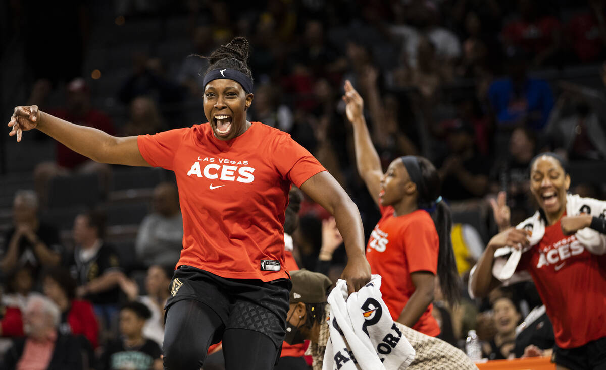 Aces guard Chelsea Gray (12) reacts to a big offensive play in the second half during a WNBA ba ...