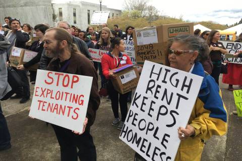 In this April 12, 2017, file photo, supporters of a bill to ban most no-cause evictions of home ...
