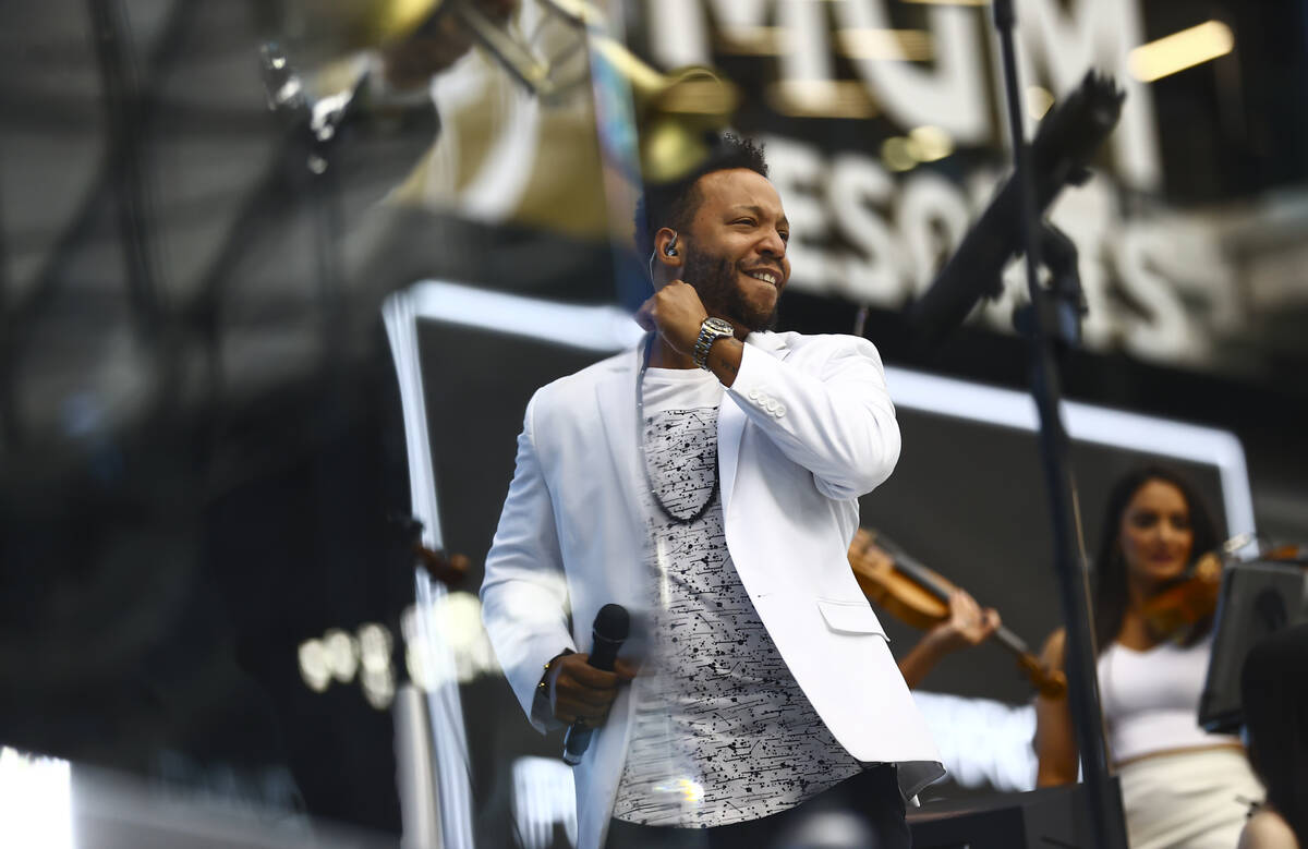 Fletch Walcott of David Perrico's Pop Strings band performs at Allegiant Stadium in Las Vegas i ...