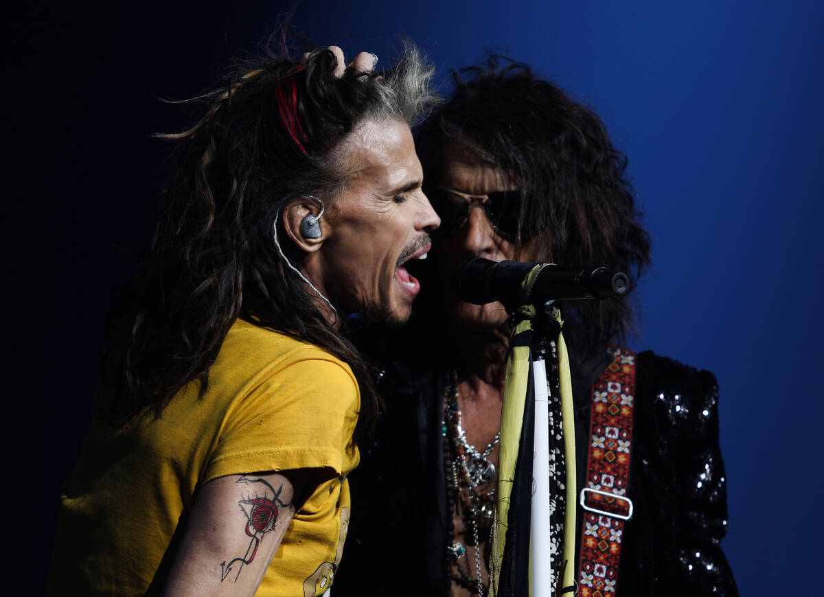 Steven Tyler, left, and Joe Perry of Aerosmith are shown on opening night of the band's "Deuces ...