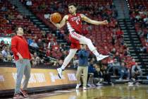 In this Feb. 1, 2022, file photo, UNLV Rebels head coach Kevin Kruger watches UNLV guard Jordan ...