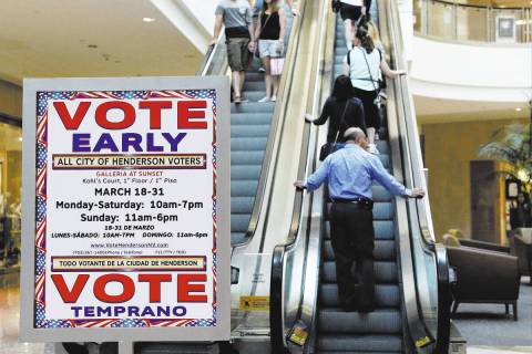 Shoppers take the escalator as an early election day voting sign is displayed at the Galleria a ...