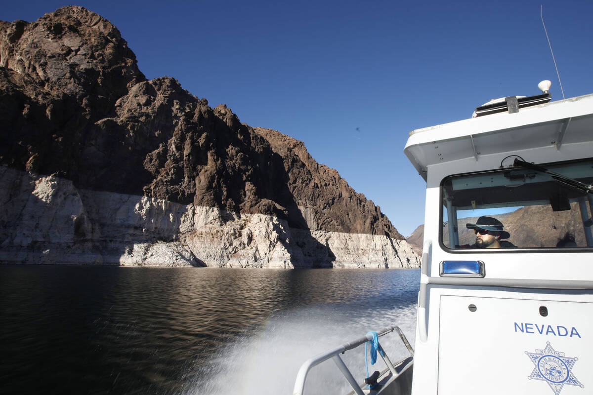 A bathtub ring of light minerals delineates the high water mark on Lake Mead near Boulder City, ...