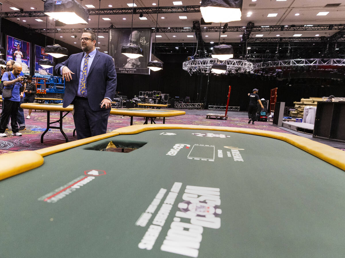 Jack Effel, vice president of WSOP, speaks as he leads a tour of poker rooms at Paris Las Vegas ...