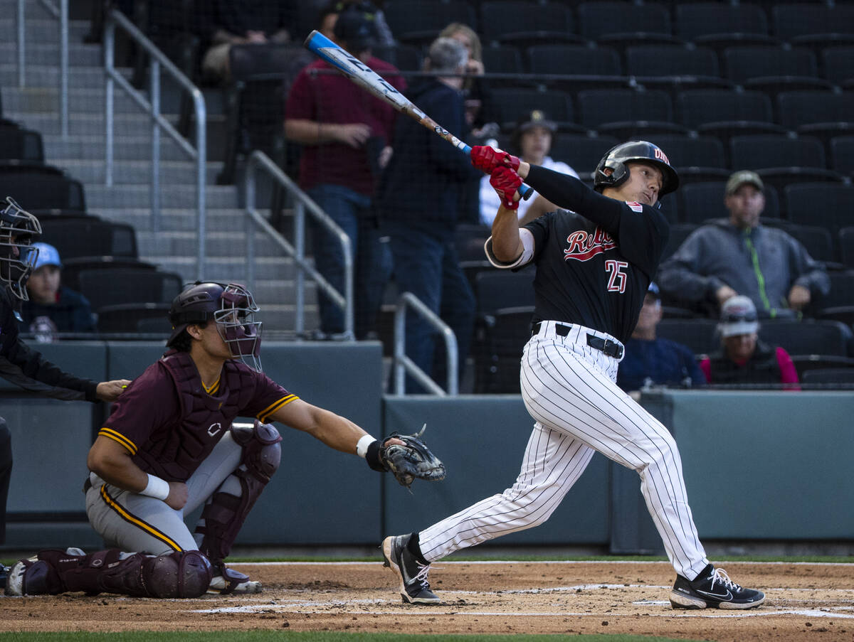 UNLV outfielder Rylan Charles (25) swings against Arizona St. during the first inning of an NCA ...