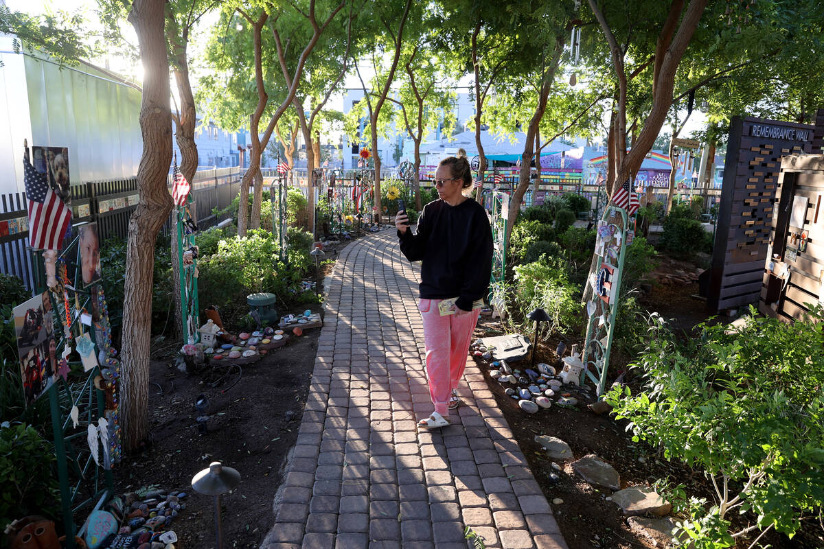 Mynda Smith, sister of Route 91 Harvest festival shooting victim Neysa Tonks, makes a video of ...