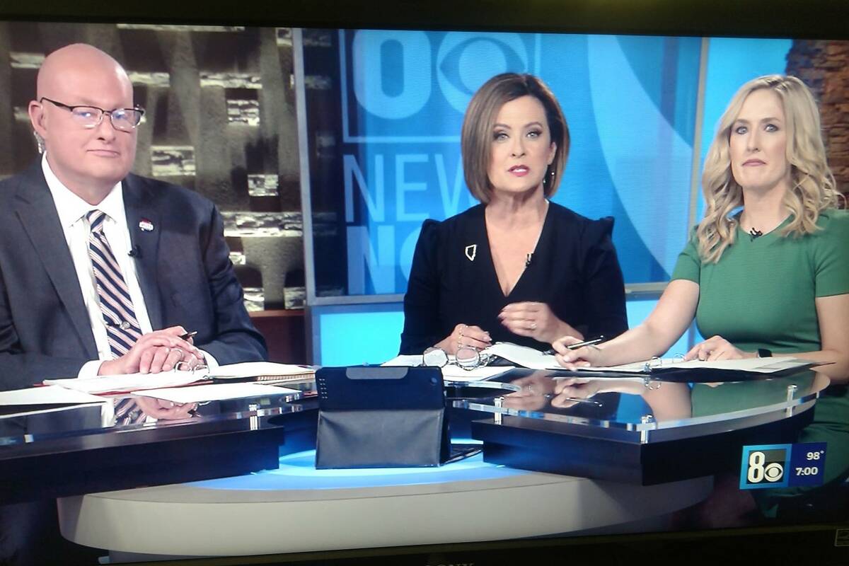 From left, debate moderators Steve Sebelius (Review-Journal), Denise Valdez (KLAS) and Vanessa ...