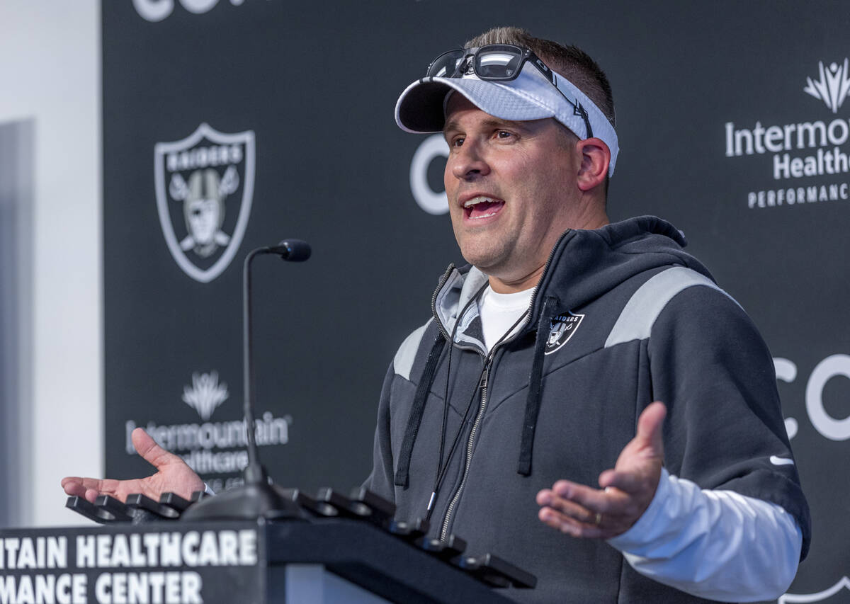 Raiders head coach Josh McDaniels speaks during a press conference at the Raiders headquarters ...