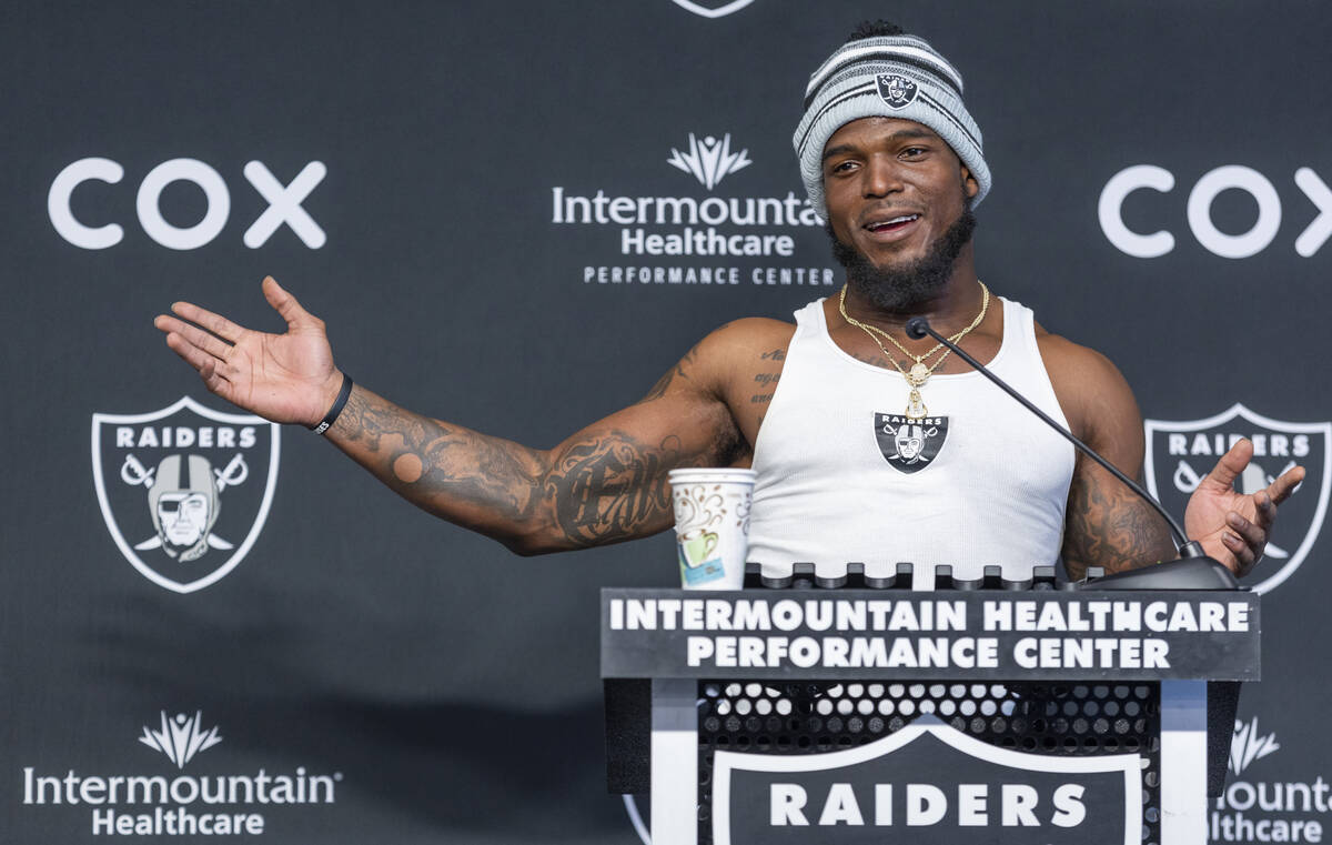 Raiders linebacker Denzel Perryman (52) speaks during a press conference at the Raiders headqua ...