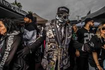 Raider fan Kevin Guilford, AKA Mob Boss, from Modesto, Calif., outside Allegiant Stadium before ...