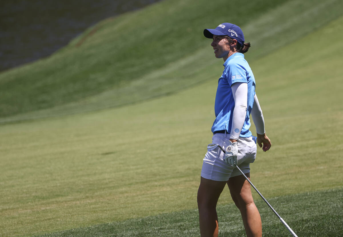Carlota Ciganda watches her fairway shot at the ninth hole during the second day of round-robin ...