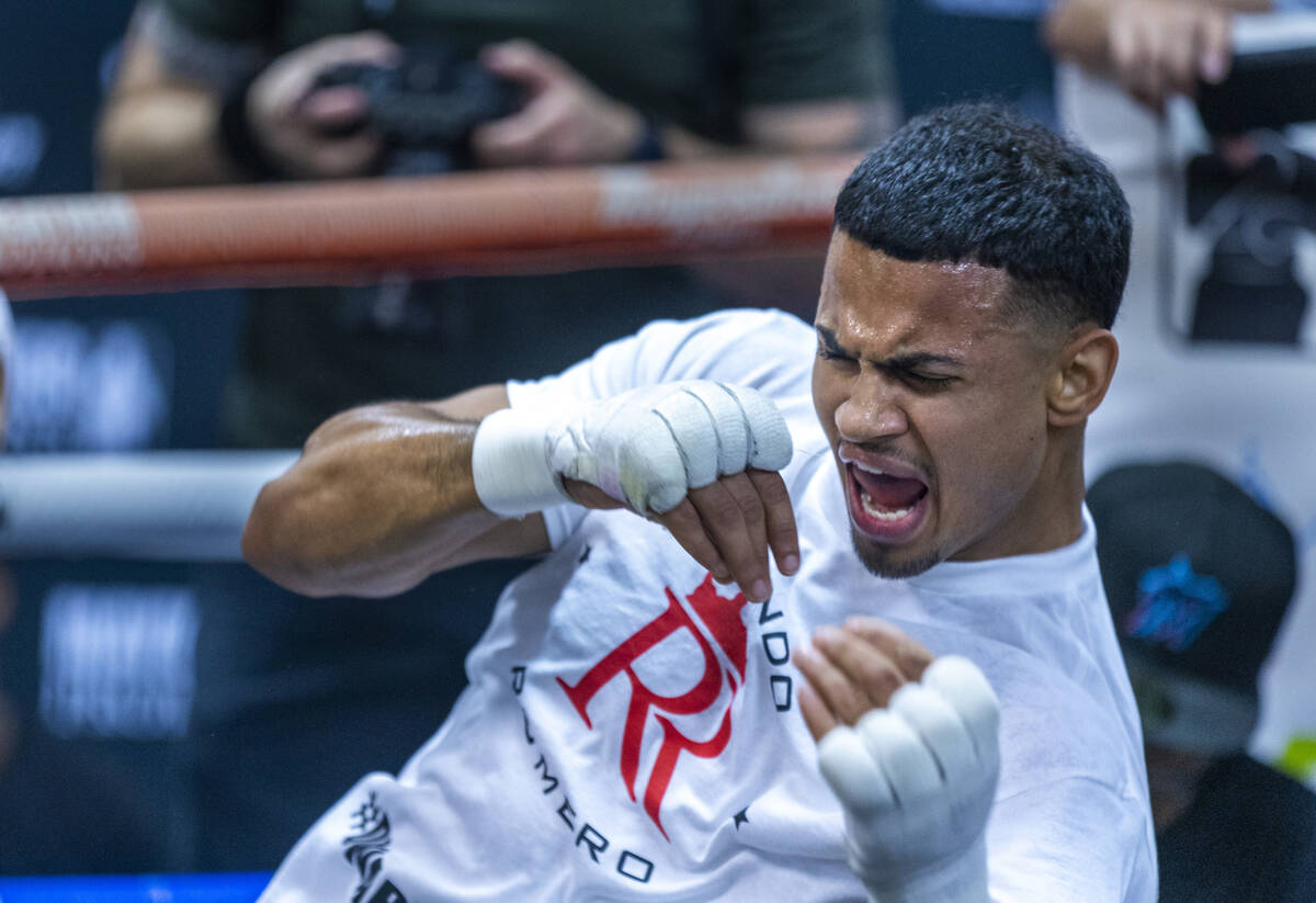 Boxer Rolando Romero shadow boxes in the ring during media day workouts at the Mayweather Boxin ...