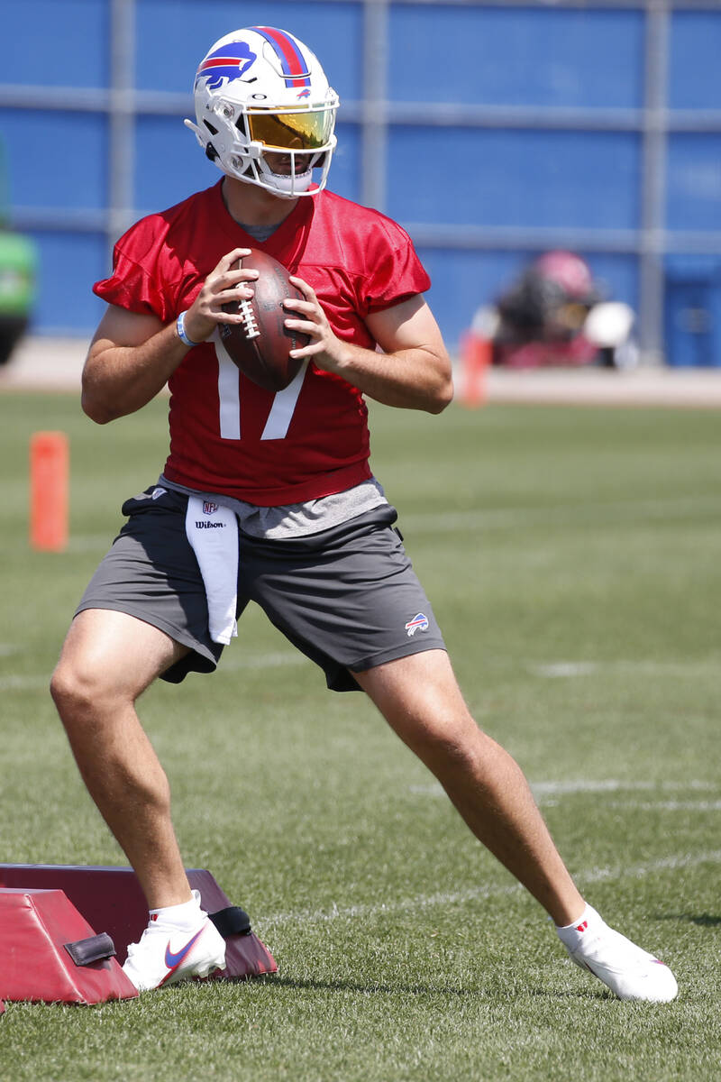 Buffalo Bills quarterback Josh Allen (17) looks to throw a pass during an NFL football practice ...