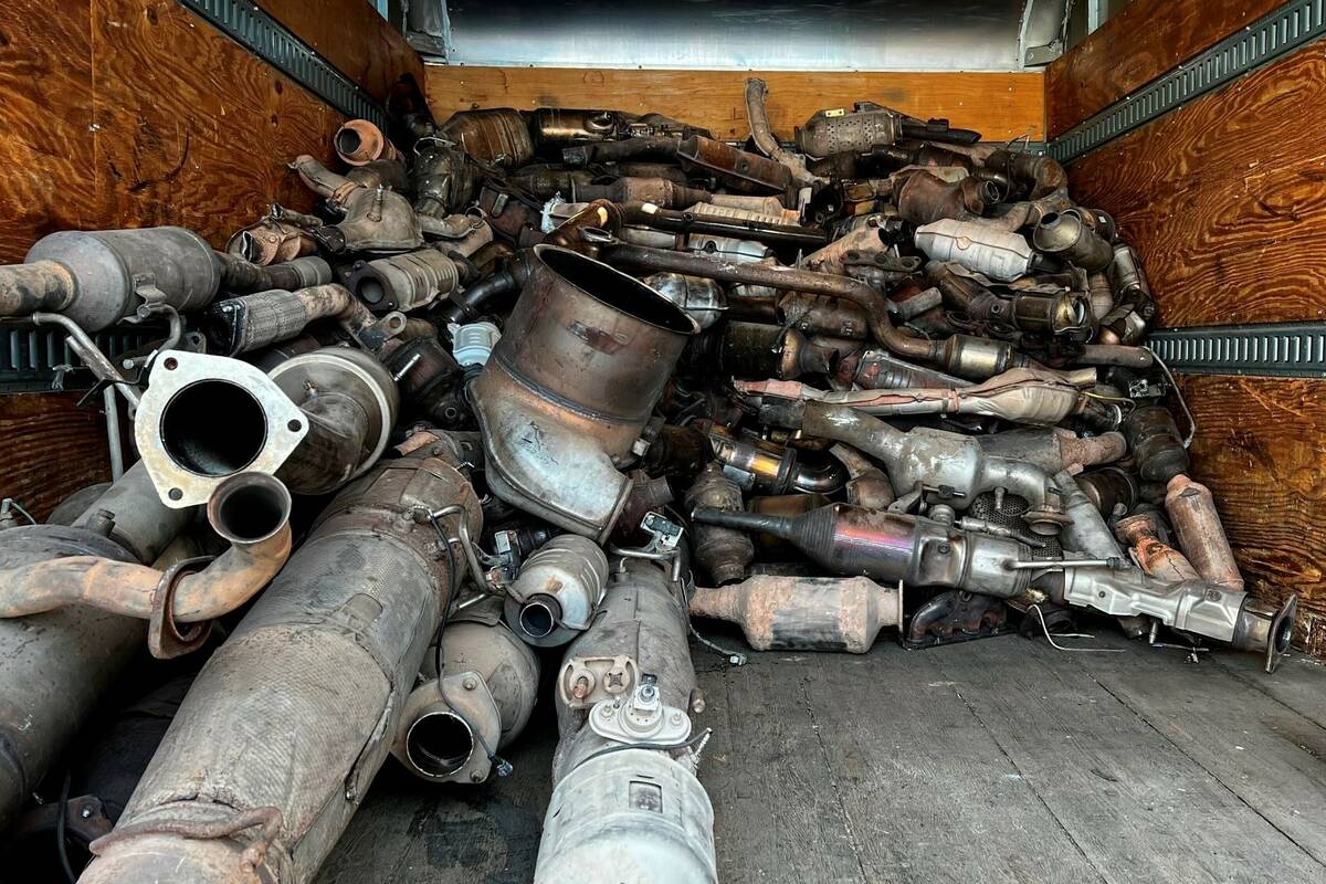 This photo shows stolen catalytic converters that were recovered after detectives served a sear ...