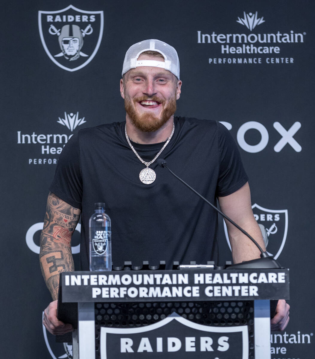 Raiders defensive end Maxx Crosby (98) speaks during a press conference at the Raiders headquar ...