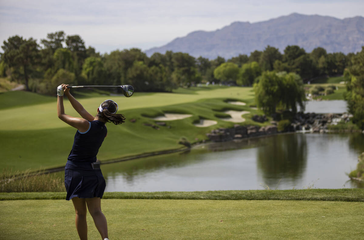 Andrea Lee drives off the 9th tee during the fourth day of the LPGA Bank of Hope Match Play gol ...