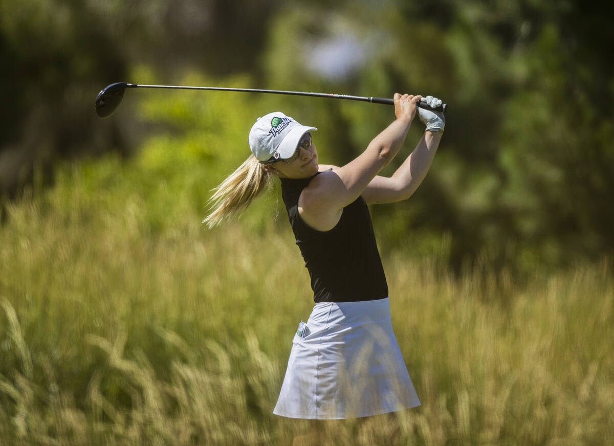 Jodi Ewart Shadoff drives off the tee of the 7th hole during the fourth day of the LPGA Bank of ...