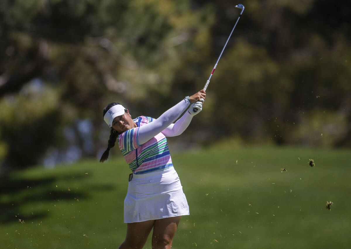 Lilia Vu hits out of the rough on the 6th hole during the fourth day of the LPGA Bank of Hope M ...