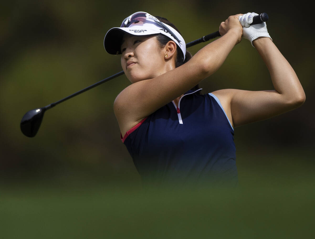 Andrea Lee hits off the fairway on the 9th hole during the fourth day of the LPGA Bank of Hope ...