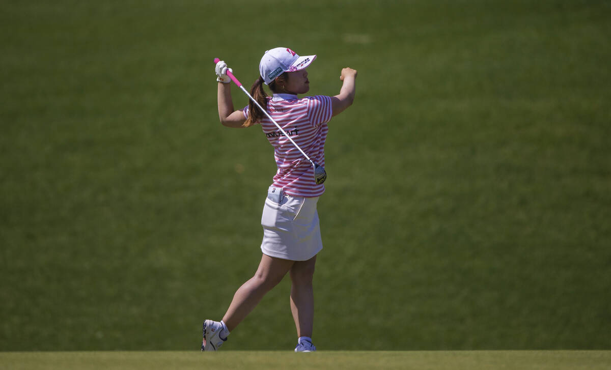 Ayake Furue hits off the fairway of the 7th hole during the fourth day of the LPGA Bank of Hope ...