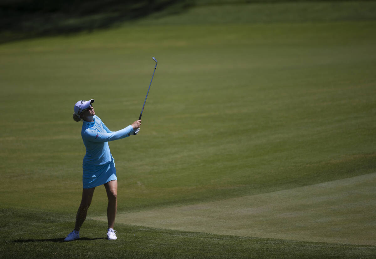 Madalene Sagstrom hits out of the rough on the 6th hole during the fourth day of the LPGA Bank ...