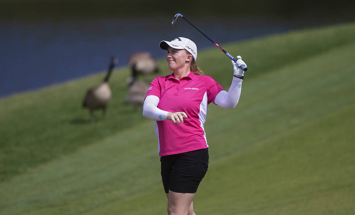 Gemma Dryburgh hits off the fairway on the 9th hole during the fourth day of the LPGA Bank of H ...