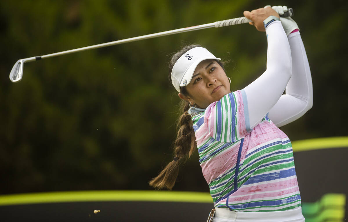 Lilia Vu drives off the tee on the 20th hole during the fourth day of the LPGA Bank of Hope Mat ...