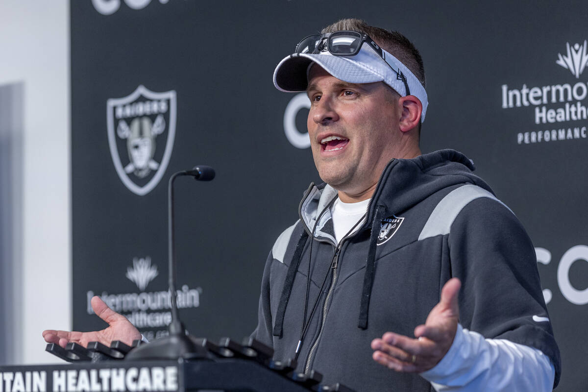 Raiders head coach Josh McDaniels speaks during a press conference at the Raiders headquarters ...