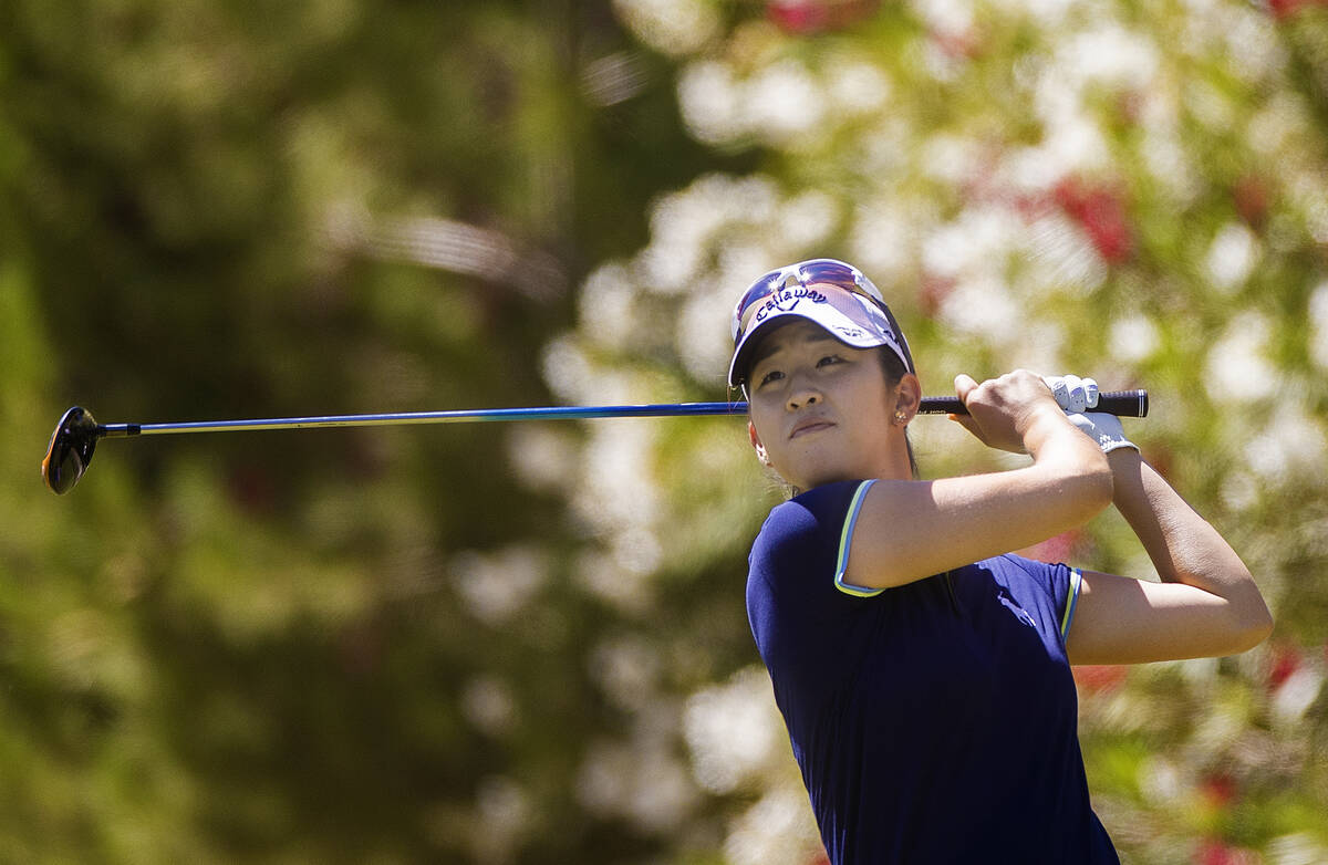 Andrea Lee drives off the 2nd tee during the final day of the LPGA Bank of Hope Match Play golf ...