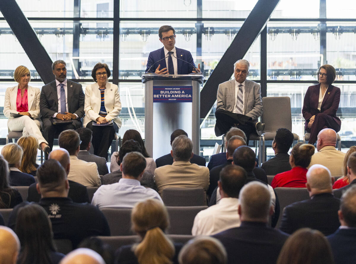 U.S. Transportation Secretary Pete Buttigieg, speaks about the I-15/Tropicana Interchange proje ...