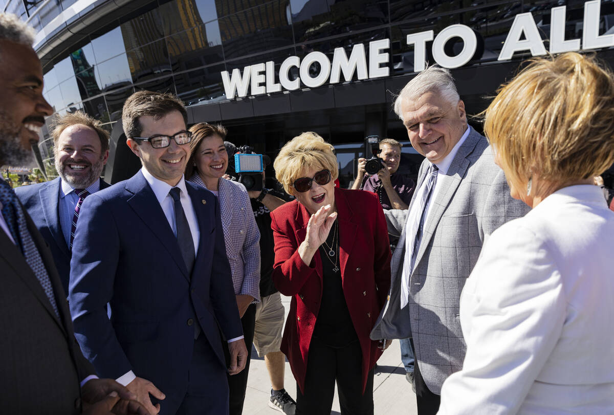 Congressman Steven Horsford, left, U.S. Transportation Secretary Pete Buttigieg, Mayor Carolyn ...