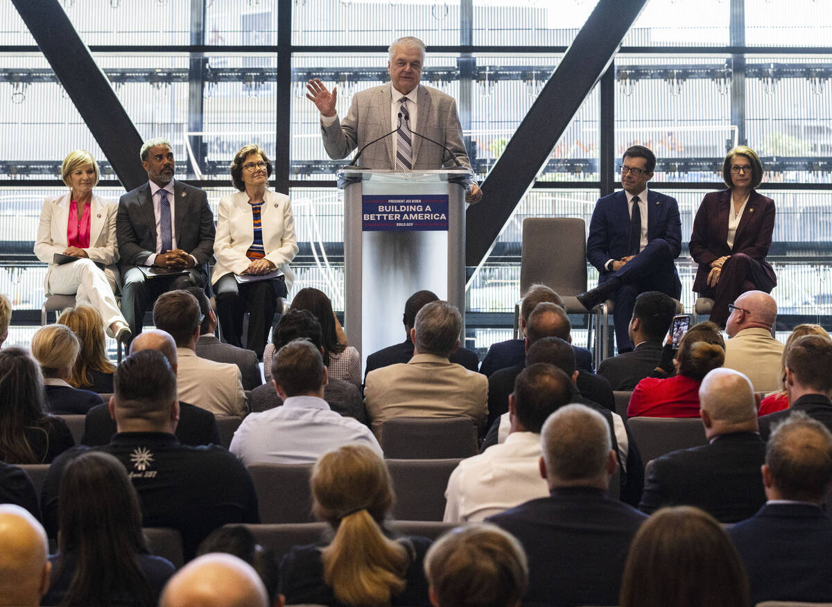 Congresswoman Susie Lee, left, Congressman Steven Horsford, Sen. Jacky Rosen, U.S. Transportati ...