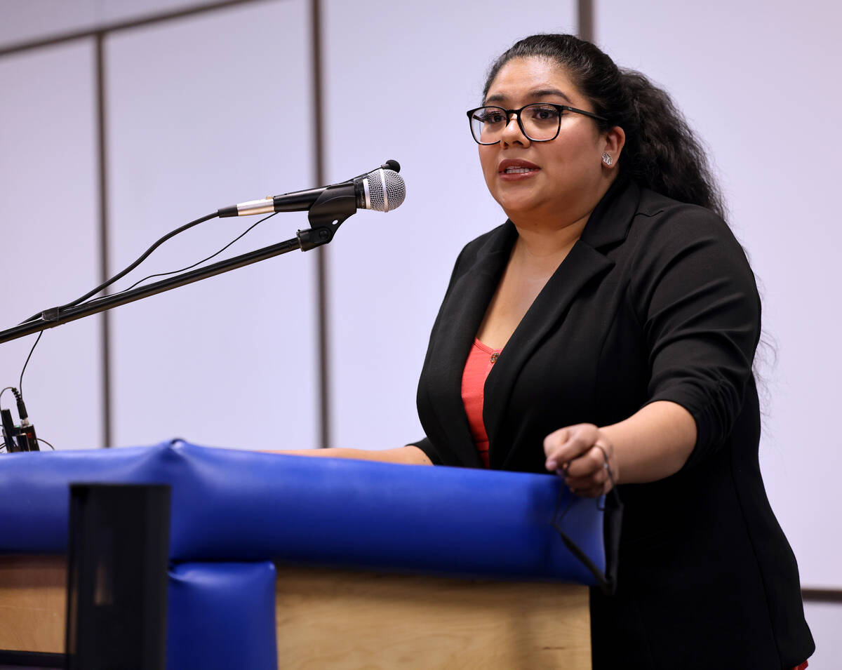 Clark County School Board President Irene Cepeda answers questions during a news conference at ...