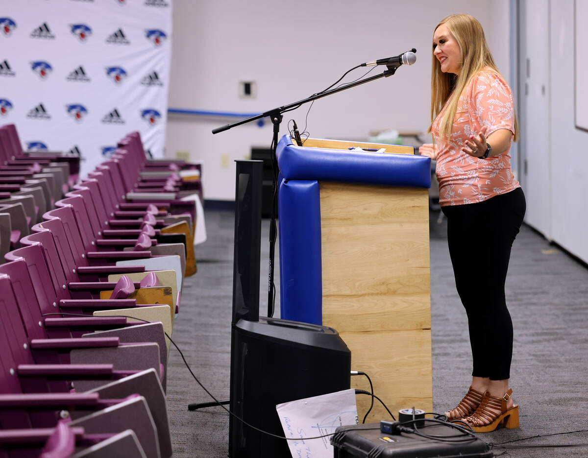 Schorr Elementary School kindergarten teacher Kristan Nigro during a news conference at Desert ...