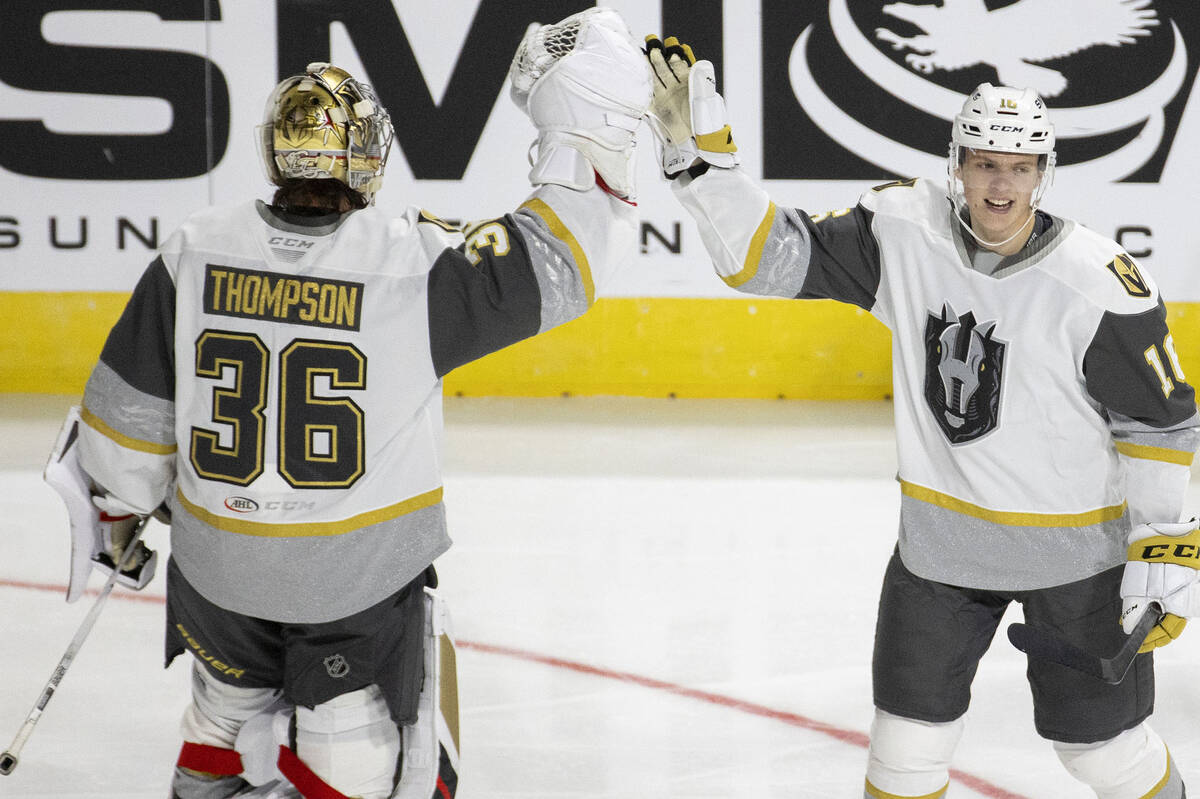 In this Oct. 17, 2021, file photo, Silver Knights center Pavel Dorofeyev (16) celebrates a firs ...