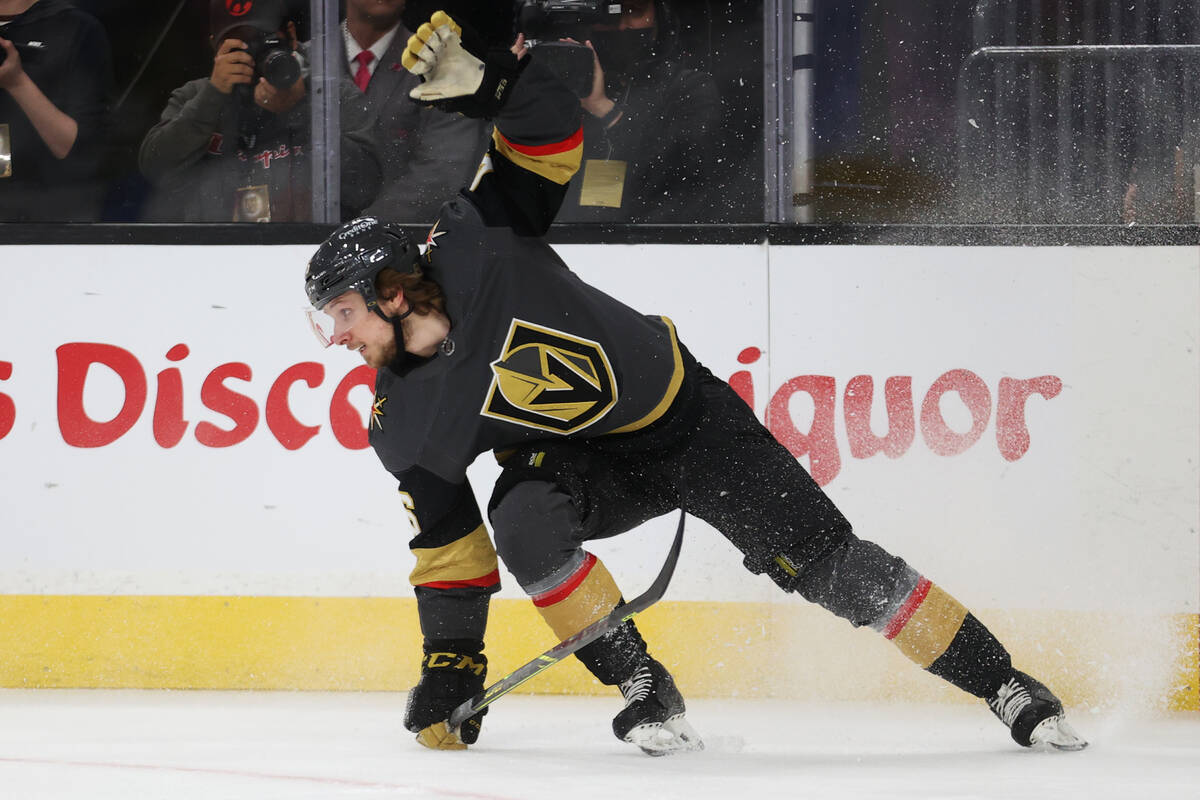 Vegas Golden Knights right wing Jonas Rondbjerg (46) makes a quick stop during the first period ...