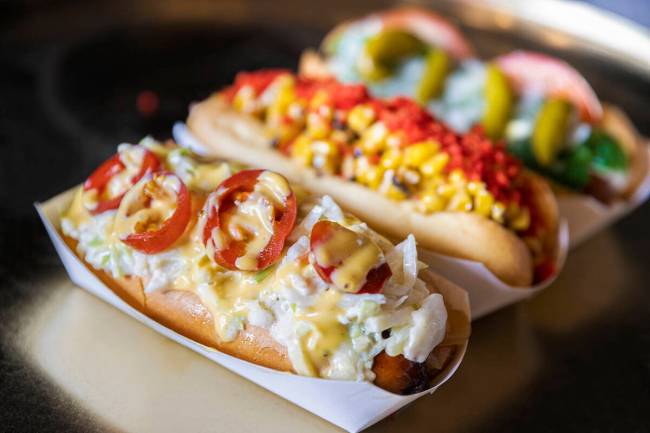 Aviator ale brat, left, at Las Vegas Ballpark on Sunday, May 15, 2022, in Las Vegas. (Benjamin ...