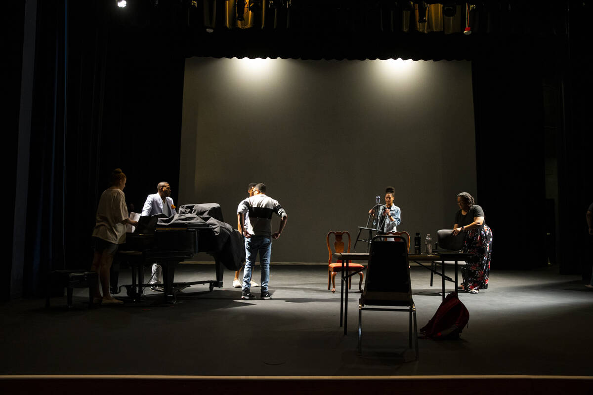 Cast members are seen during a rehearsal of “Black Swan Radio Hour” by Vegas City ...